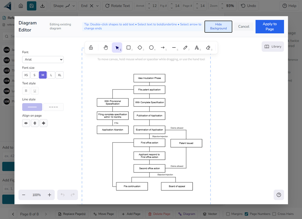 The Annotra diagram editor open over a project page, with a patent prosecution flowchart on the canvas, the shape and text controls at the left, and the Apply to Page button at the top right
